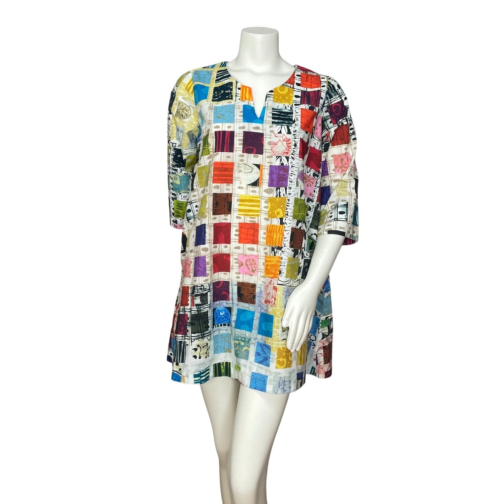 Handmade Tunic Top Bold Print Women Pockets Colorful Busy Pattern Funky Casual